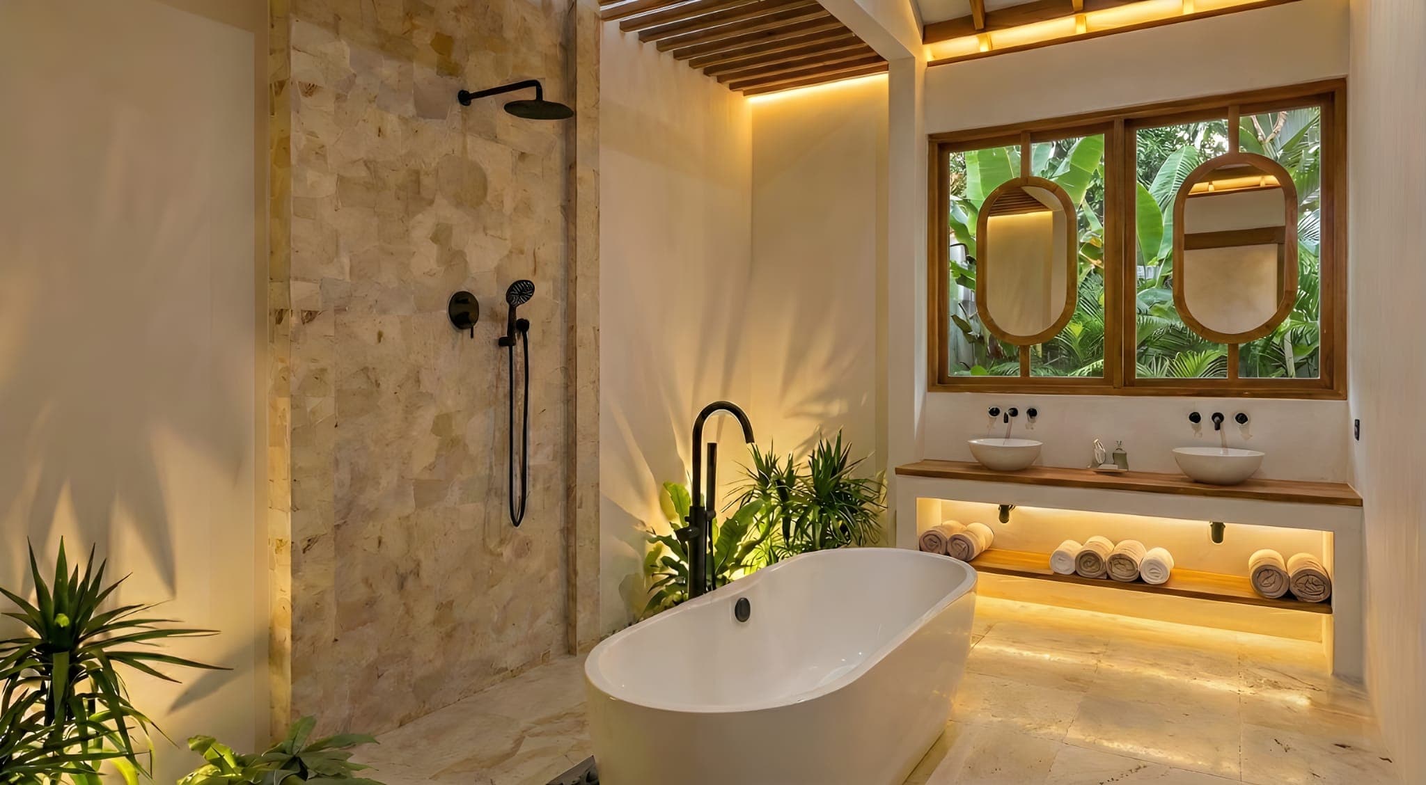 Baño interior con ducha de piedra y doble lavabo